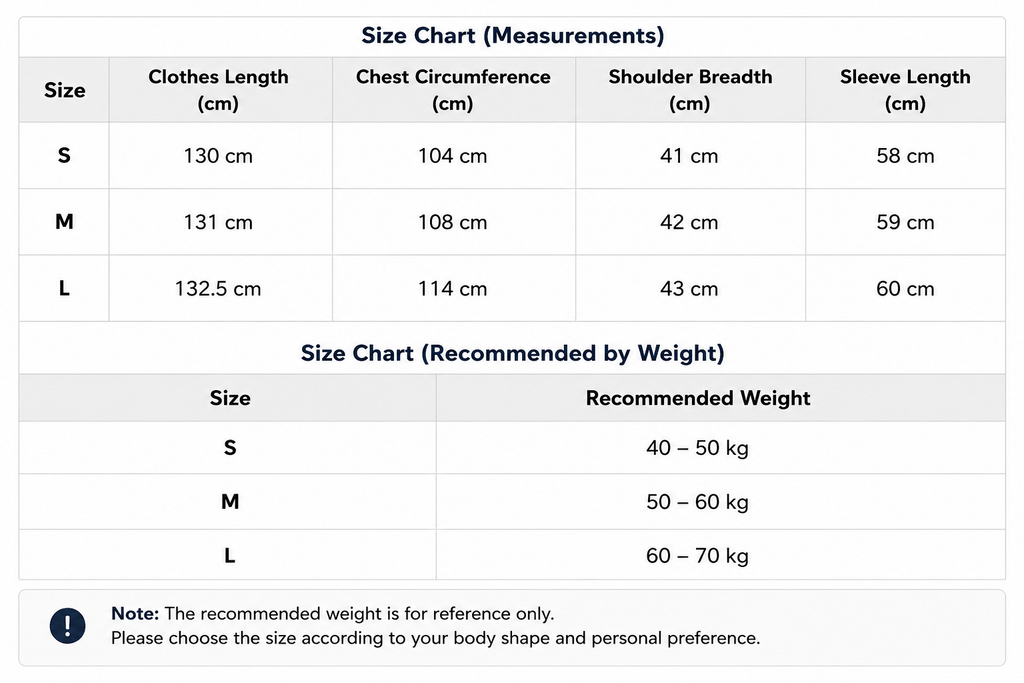 A size chart table showing measurements for clothing sizes S, M, and L, including clothes length, chest circumference, shoulder breadth, sleeve length, and recommended weight ranges.