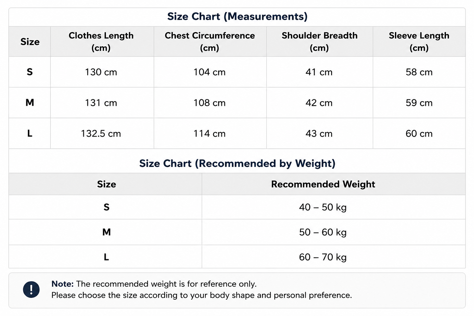 A size chart table showing measurements for clothing sizes S, M, and L, including clothes length, chest circumference, shoulder breadth, sleeve length, and recommended weight ranges.