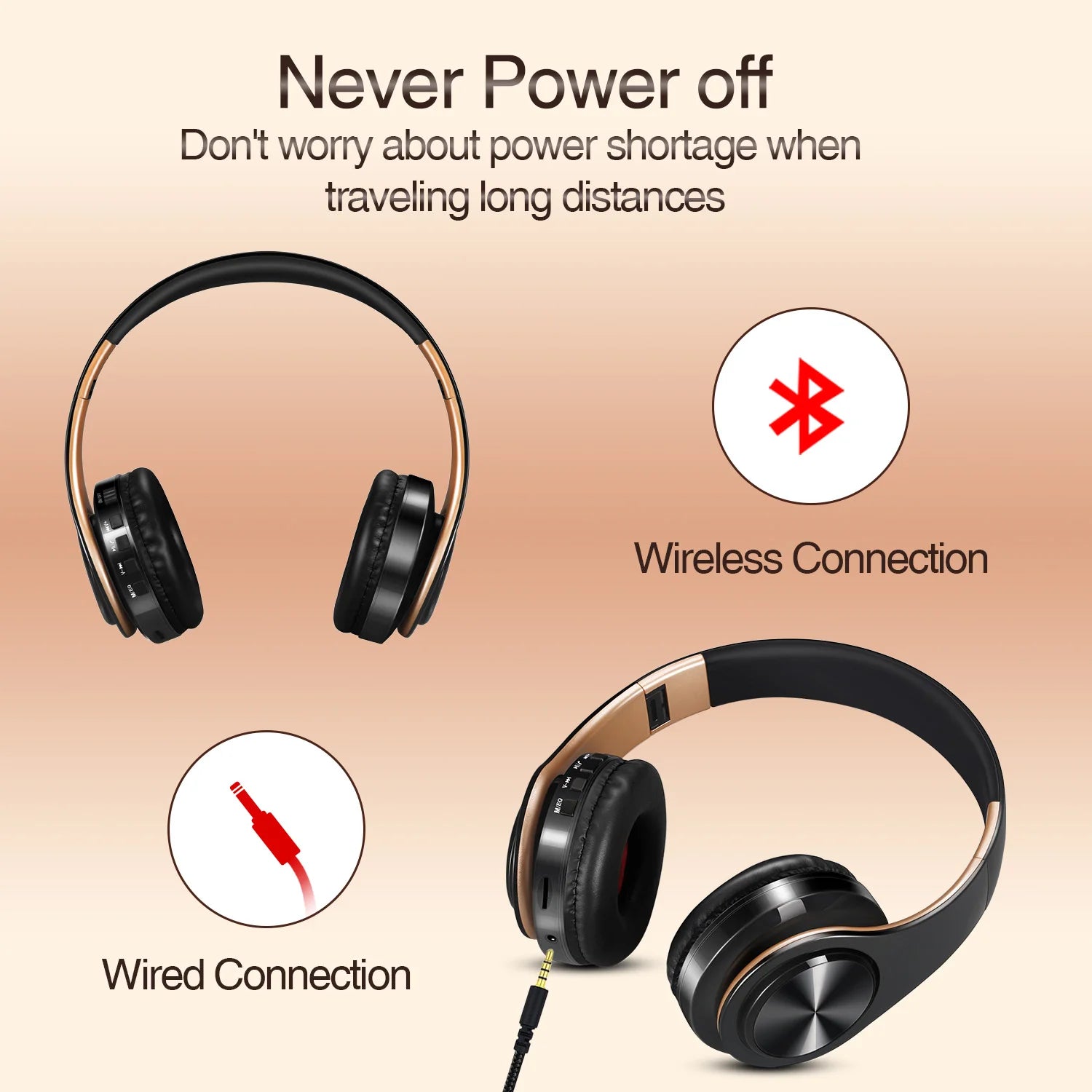 Gold Wireless Bluetooth Headphones with Mic