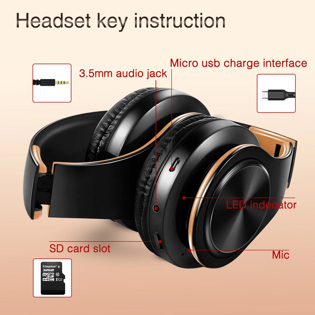 Gold Wireless Bluetooth Headphones with Mic