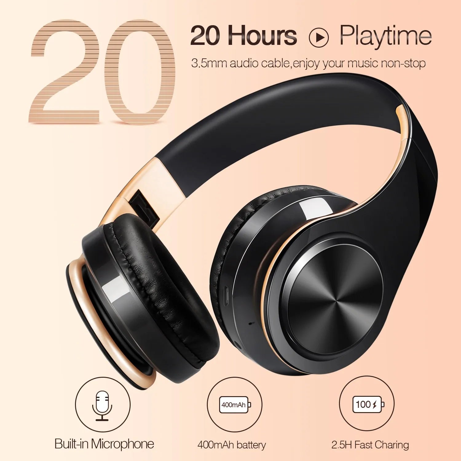 Gold Wireless Bluetooth Headphones with Mic