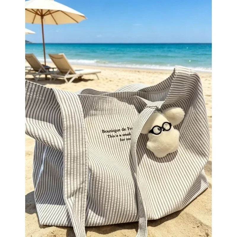 Large Capacity Striped Canvas Tote Bag