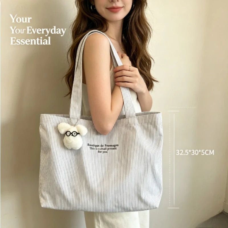 Large Capacity Striped Canvas Tote Bag