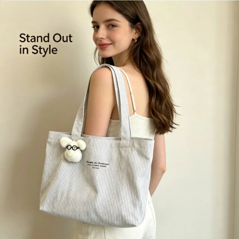 Large Capacity Striped Canvas Tote Bag