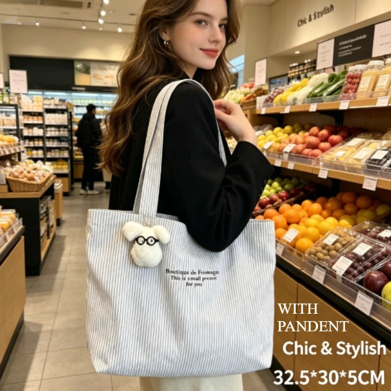Large Capacity Striped Canvas Tote Bag